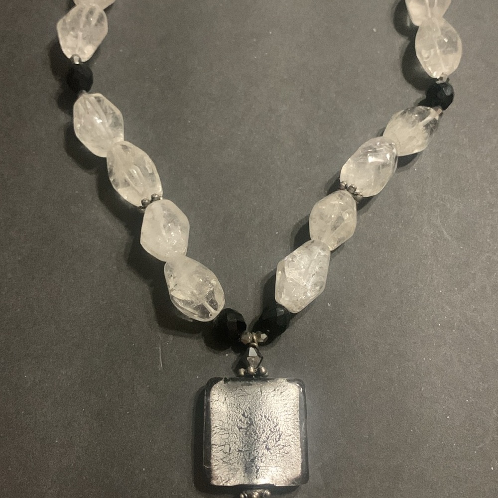 ICE GLASS  and Murano style square liquid silver pendant necklace … Stunning !!